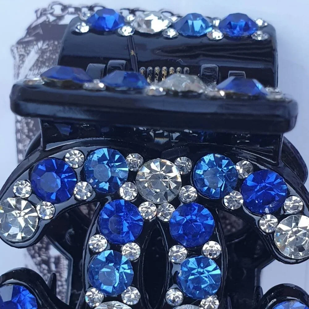 Fashion Blue Crystals Claw Long Hair Tie Girl Women Casual Formal Accessory Gift